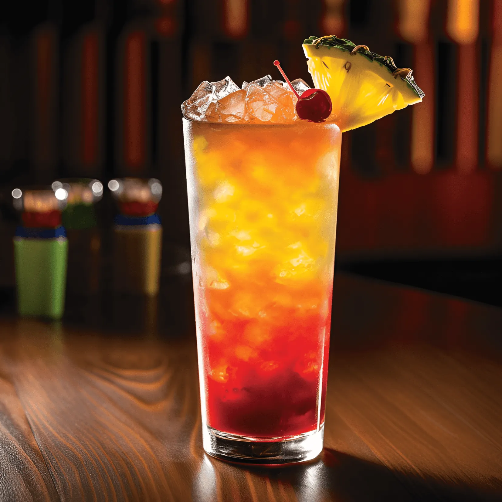 Original Rum Punch cocktail served in a tall glass with pineapple and cherry garnish
